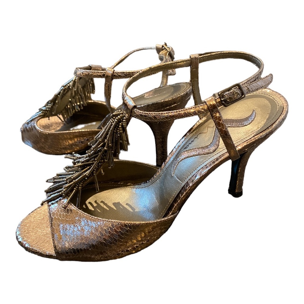 Nina women’s leather, metallic, beaded T-strap heels, size 7
